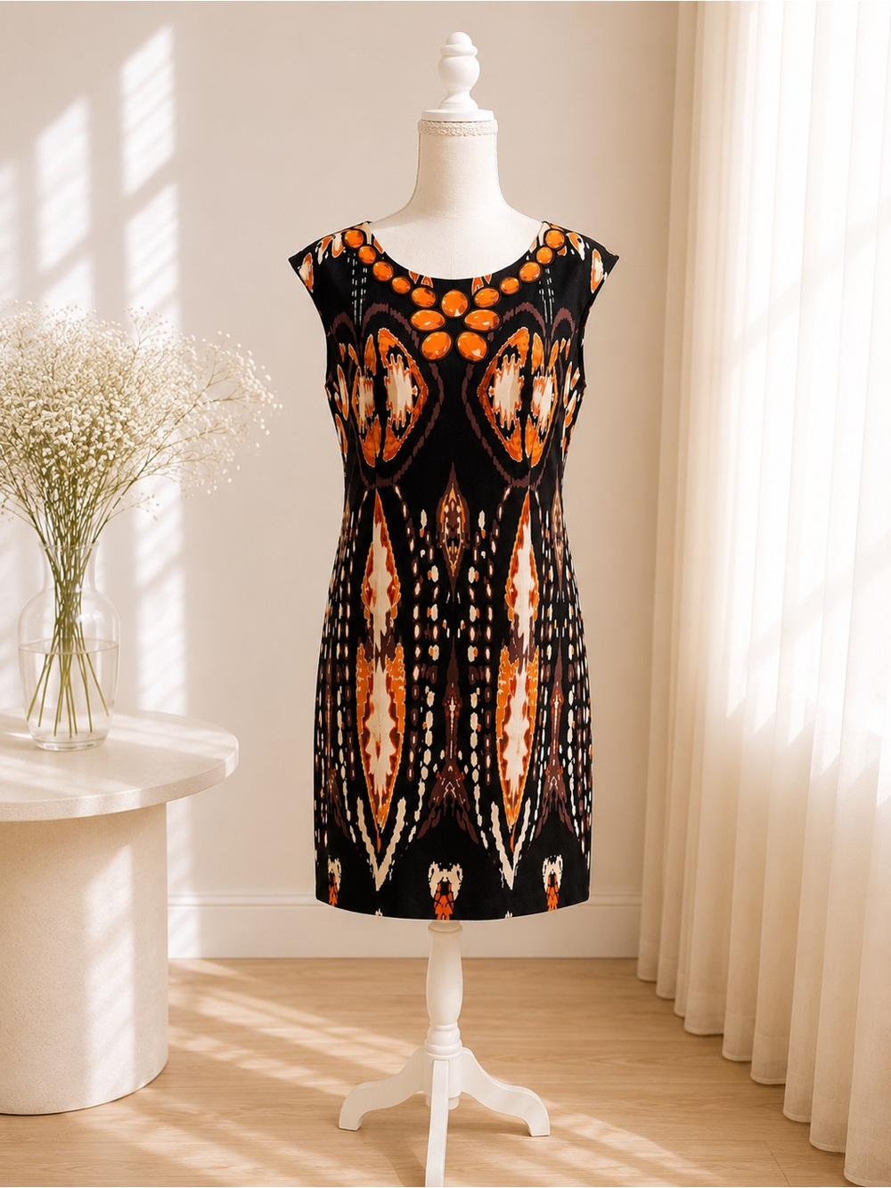 Voir Voir Black Midi Dress with Bold Orange and Cream Print